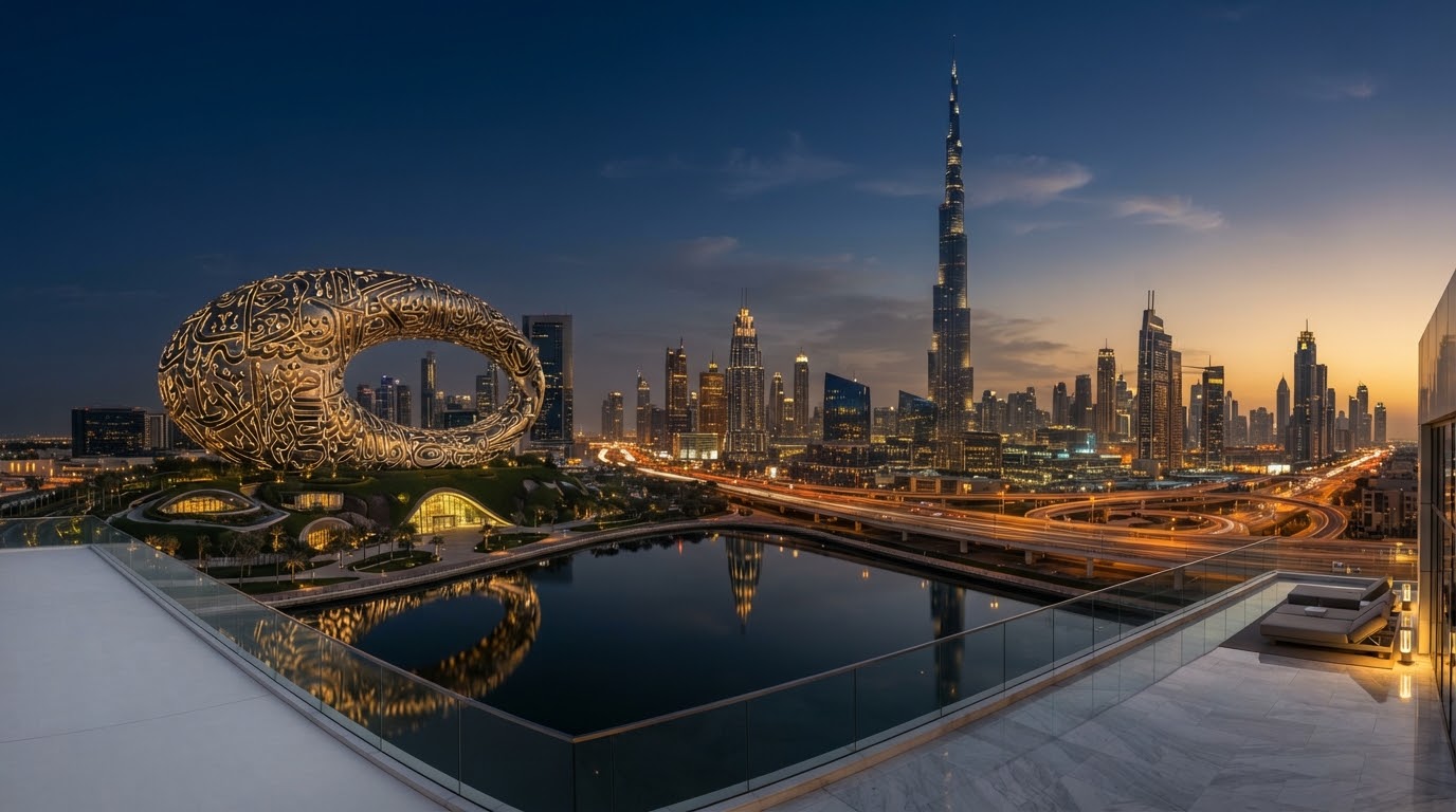 Dubai skyline at dusk, with the Museum of the Future and the Burj Khalifa