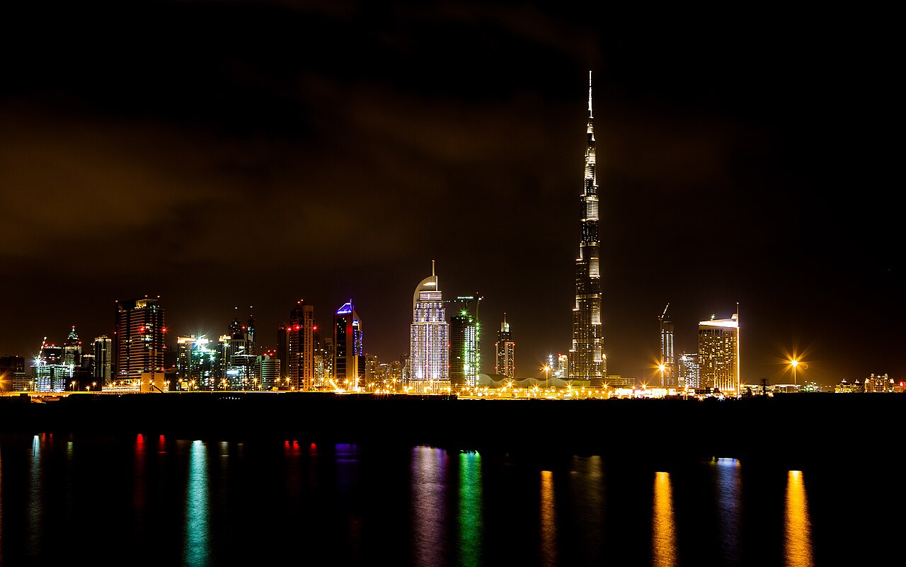 Dubai business district towers at night